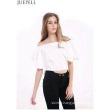 European and American Women′s Summer Halter Short Paragraph Sexy Strapless Flounced Collar Neck Short Sleeve T-Shirt Blouse